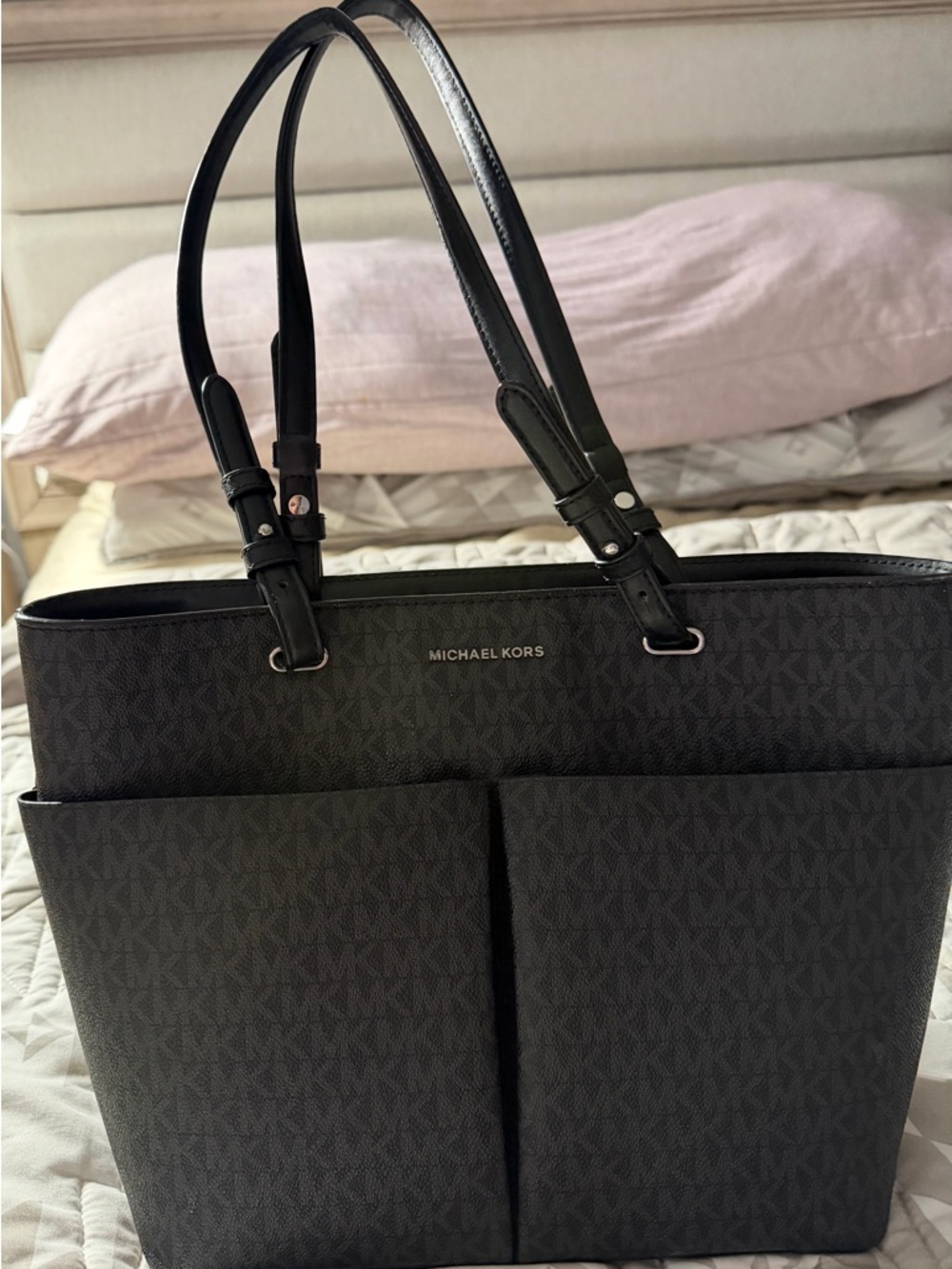 Michael Kors Black Logo-Print Tote with Exterior Pockets